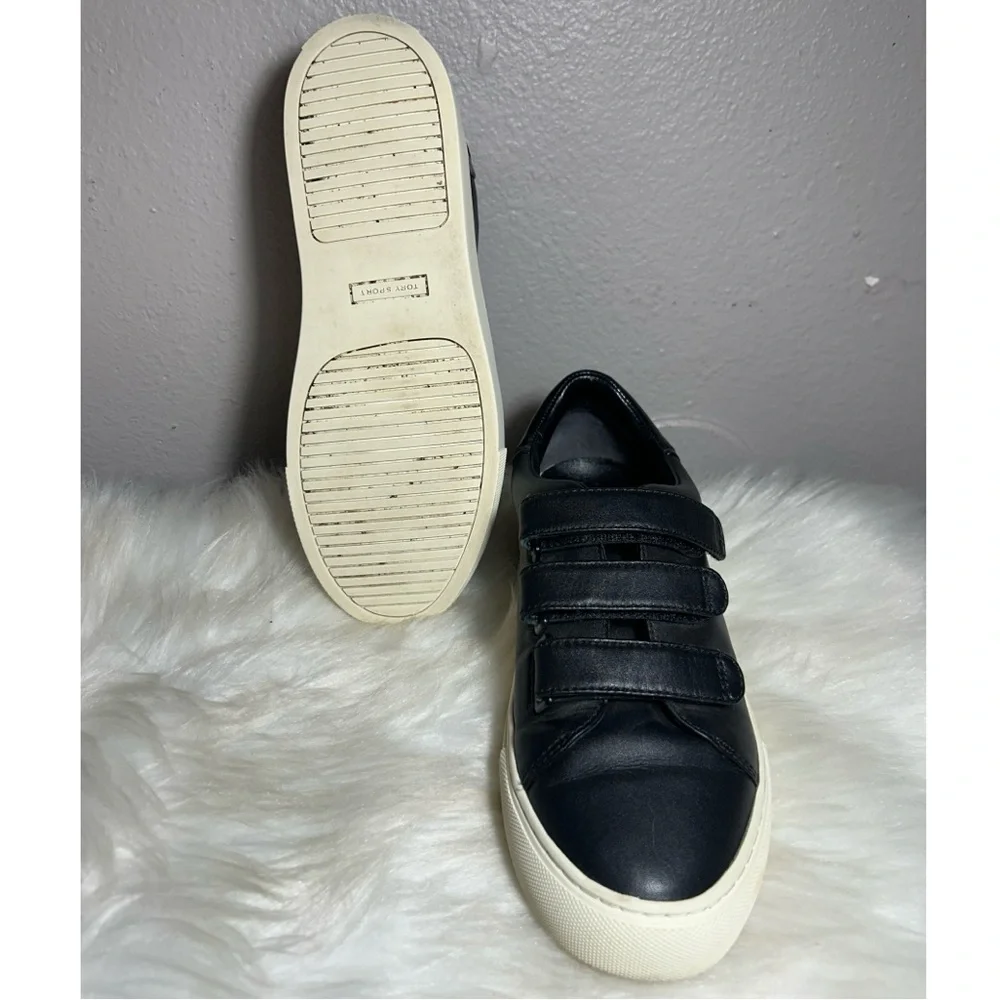 Tory Burch Sport Triple Strap Sneakers Slip On Leather Black Shoes Size 6.5